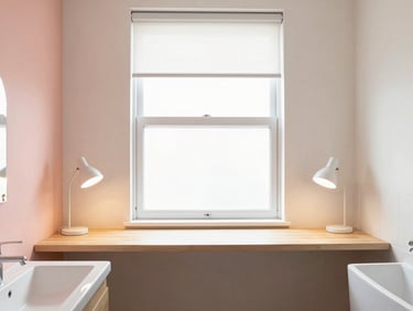 Vibrant triple sharing room with individual study lamps, clean modern bathroom, bright airy window view