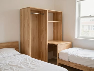 Clean double sharing room with twin beds, individual wardrobes, wooden study desks, soft natural lighting