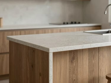 Architectural interior photography, a clean, modern kitchen island with a seamless quartz countertop integrated into a wooden base, soft diffused side-light.