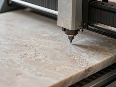 Detail shot of a raw slab of engineered quartz being precision-cut by a CNC machine, sharp focus on the cutting edge.