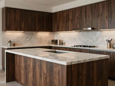 Wide architectural kitchen island with engineered quartz countertop and integrated dark wood base cabinets, soft diffused side-light, 35mm lens, architectural interior photography