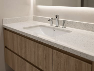 Modern bathroom vanity featuring a seamless engineered quartz countertop and custom architectural wood cabinet, soft diffused side-light, 35mm lens, architectural interior photography