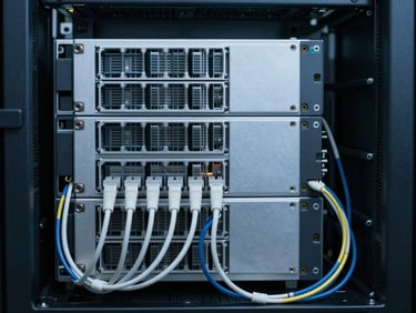 A macro photograph of clean, structured server hardware inside a data center, illuminated by cool-toned ambient white light, showing precise physical cabling.