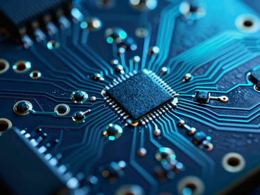 Macro photography of an electronic circuit board with a microscopic protective coating, electric cyan backlighting, high contrast.