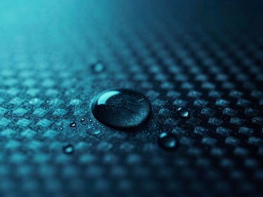 Extreme macro close-up of liquid perfectly beading on a dark treated carbon fiber surface, electric cyan backlighting, high-contrast cool studio lighting, 35mm