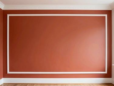 A vibrant straight-on architectural shot of a freshly painted living room wall in rich terracotta, crisp white trim lines, bright natural daylight, 35mm