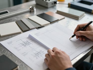 Close-up of hands reviewing printed specification sheets and material samples spread across a metal worktable under bright industrial overhead lighting, engineering drawings and measurement tools visible, mid-task, no faces