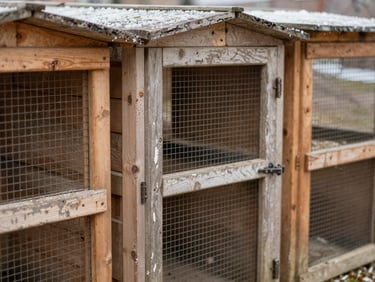 Close-up of physical worn-out wooden dog enclosures in winter, showing broken mesh and weathered wood, authentic documentary photography, natural light