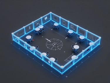 Technical CAD blueprint of a commercial gaming cafe floor plan, glowing electric blue vector lines on a deep slate gray background, precise layout measurements and console icons.