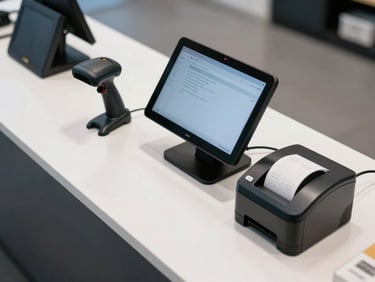 A clean, top-down view of a modern retail checkout counter, showing a barcode scanner, an iPad POS terminal, and a thermal receipt printer, beautifully lit with cool daylight.