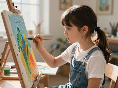 A young girl in a creative state, focused on painting a vibrant canvas in a sunlit studio, natural expressions of concentration. Bright, natural daylight.