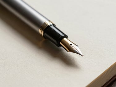 Tight macro shot of a classic fountain pen resting on heavy, textured cream paper stock, deep shadows, natural side lighting.