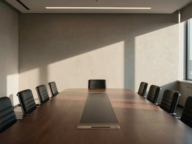 Wide, quiet environmental shot of an empty high-end boardroom with morning light casting abstract shadows on textured walls.