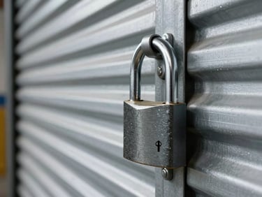 Macro close-up of a heavy-duty steel padlock securing a corrugated metal roll-up door, high-contrast industrial warehouse lighting, clean metallic textures.