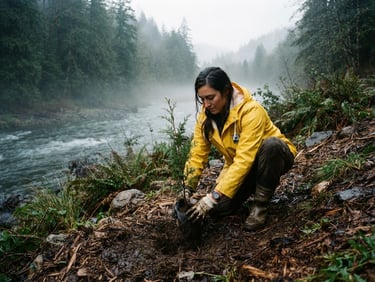 Documentary photo of a volunteer in a yellow rain slicker planting a young cedar tree along a misty riverbank.