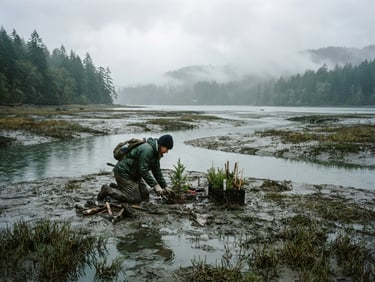 Wide environmental landscape of a misty Washington estuary at low tide, overcast morning light, a volunteer in a dark green rain jacket planting native shrubs in the mud, cold grey-green water, 35mm film grain.