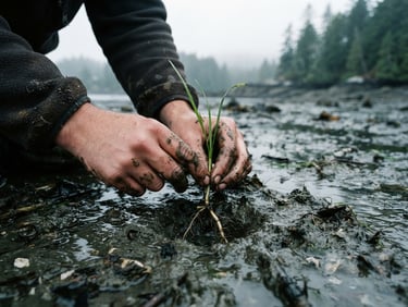 Close-up of muddy hands carefully placing a native eelgrass shoot into wet coastal silt, overcast PNW morning light.