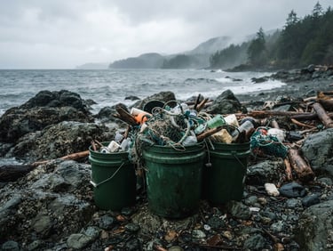 Candid shot of dark green buckets filled with collected marine debris on a rocky, wet shoreline under grey skies.