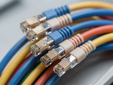 Macro close-up of neatly bundled, colored network cables with chrome connectors, sharp focus, industrial lighting.