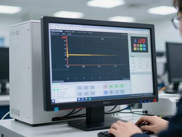 Automated testing equipment running diagnostics on a computer monitor, digital readouts, clean industrial setting.