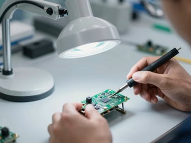 Technician's hands holding a circuit board under a magnifying lamp, fine soldering tools visible, industrial workbench.