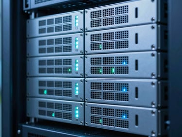 Rack-mounted server blades with glowing status lights in a data center, cool blue tones, sharp focus.
