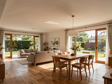 Open-plan living and dining area with warm wooden furniture, natural daylight from large glass doors, wide environmental framing as seen in a virtual property tour