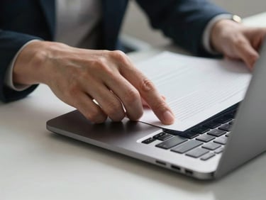 Close-up of hands dragging a file onto a laptop trackpad on a clean desk, screen glow reflecting on fingertips, neutral office lighting, direct overhead framing