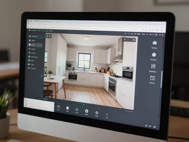 Close-up angled view of a desktop monitor displaying a 360-degree virtual property tour interface, screen showing a bright kitchen interior with navigation controls visible, office neutral lighting, no people