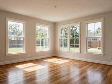 Bright living room interior with large windows, hardwood floors, natural daylight, wide environmental framing as seen in a virtual property tour