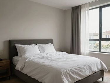 Bedroom with a neatly made bed, neutral walls, and a window with sheer curtains, natural daylight, wide environmental framing as seen in a virtual property tour