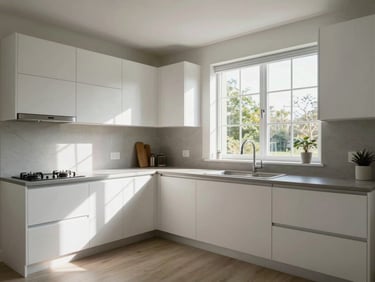 Modern kitchen with white cabinets and a window over the sink, daylight streaming in, wide environmental framing as seen in a virtual property tour