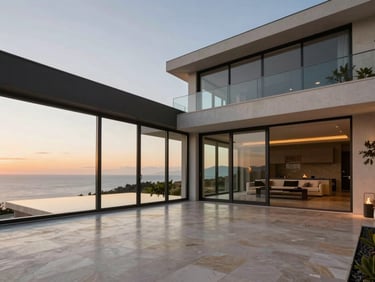 Wide architectural shot of a luxury coastal villa with floor-to-ceiling glass windows at sunset, soft natural light reflecting on polished stone floors.