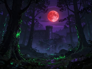 Moody dark forest with a distant stone fortress under a blood-red crescent moon, misty atmosphere