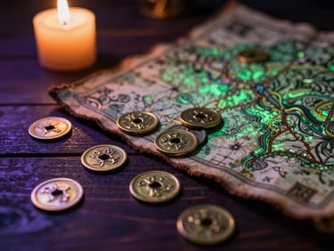 Macro shot of ancient gold coins and a weathered leather map on a dark wooden table, warm candle light