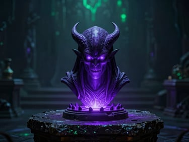 A sinister mind flayer artifact glowing with a faint purple light on a stone altar, dark fantasy background
