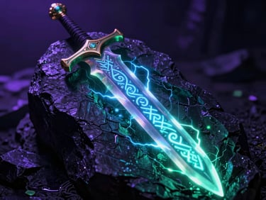 Close-up of a glowing runic sword embedded in dark obsidian stone, electric blue energy crackling, cinematic lighting