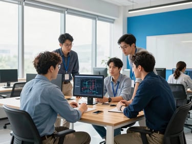 Wide environmental shot of a modern collaborative tech space, bright high-key natural light, software engineers discussing system architecture around a clean wooden table, sharp focus, 35mm