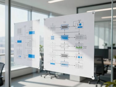 Bright modern tech workspace with schematic system architecture drawings on a glass wall, natural window light, high-key corporate photography, 35mm