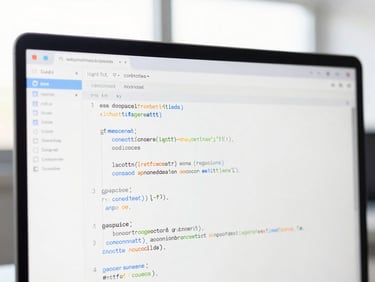 Tight macro-focused detail of a clean code screen showing structured modern syntax under bright studio illumination, high-key corporate photography, 35mm