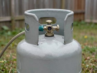 Close-up of a residential propane tank installed in a real backyard, daylight, weathered grass and fence in the background, tank regulator and hose visible, honest utilitarian framing with no staging