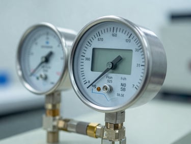 Macro shot of a calibrated physical pressure transmitter, stainless steel housing with digital display, cool-toned ambient daylight, sharp focus on physical components