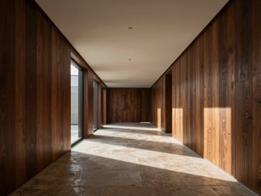 Wide-angle architectural perspective of a minimalist residential gallery corridor, dark oak paneling, recessed lighting, raw stone floor, dramatic afternoon shadows, no people.