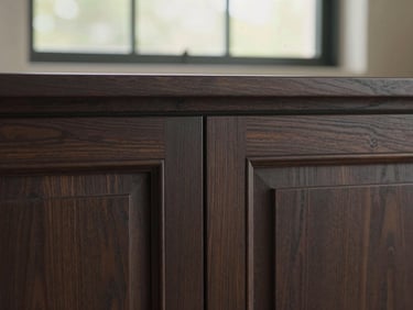 Tight detail shot of custom dark oak millwork, showing recessed detailing and precise joinery joints under soft afternoon window light.