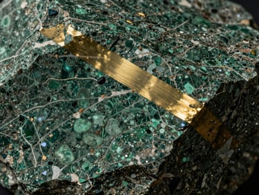 Macro abstract detail shot of raw quarried stone with deep green veining, brushed brass inlay casting a subtle metallic reflection under low-key lighting.