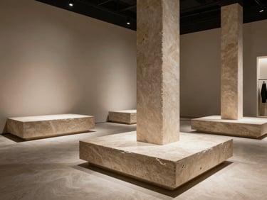 One-point perspective of a boutique commercial showroom, featuring minimalist stone plinths and a dramatic structural column under focused low-key lighting.
