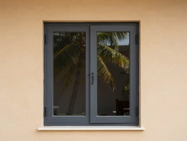 Sleek double-hung sash window in a modern residential setting, clean lines, warm sand wall background