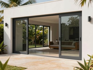 Wide-format charcoal aluminum sliding glass doors opening onto a warm sand-toned concrete patio, tropical greenery in soft focus.