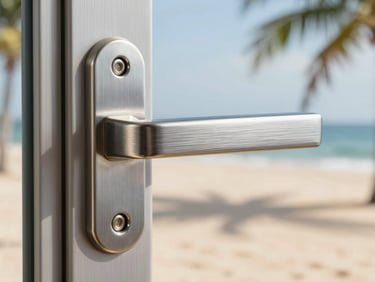 Detailed macro shot of a heavy-duty architectural aluminum door handle and locking mechanism, brushed metal texture under natural light.