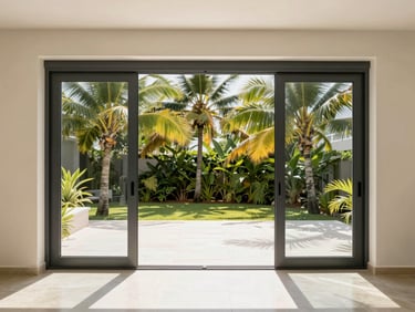Sleek charcoal aluminum sliding doors opening to a bright tropical patio, bright daylight casting clean architectural shadows, 35mm lens